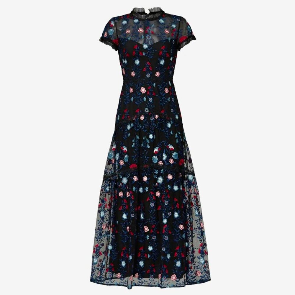 Monique Lhuillier Navy Floral Embroidered Tulle Maxi Dress
